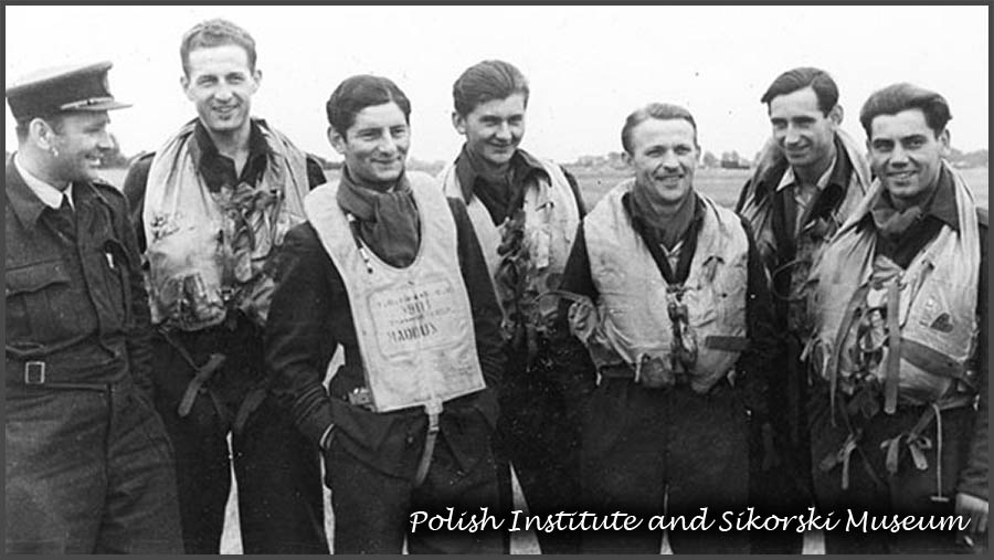 Brenzett. Picture taken after this flight. From left FLt Przymienski IO FO Swistun SLdr Horbaczewski FO Nowosielski FLt Cwynar WO Jankowski and WO Bedkowski . Missing on a