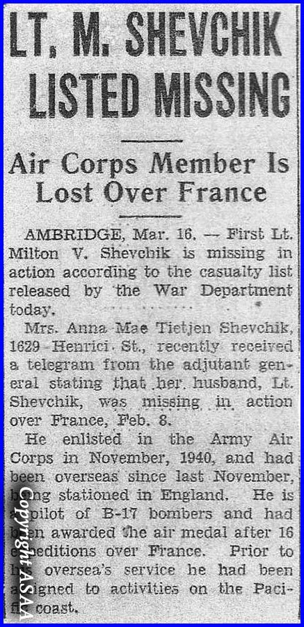 Ambridge, Pennsylvania - 1st Lt. SHEVCHIK missing in action